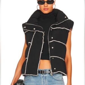 Black Puffer Vest with Rhinestone Trim